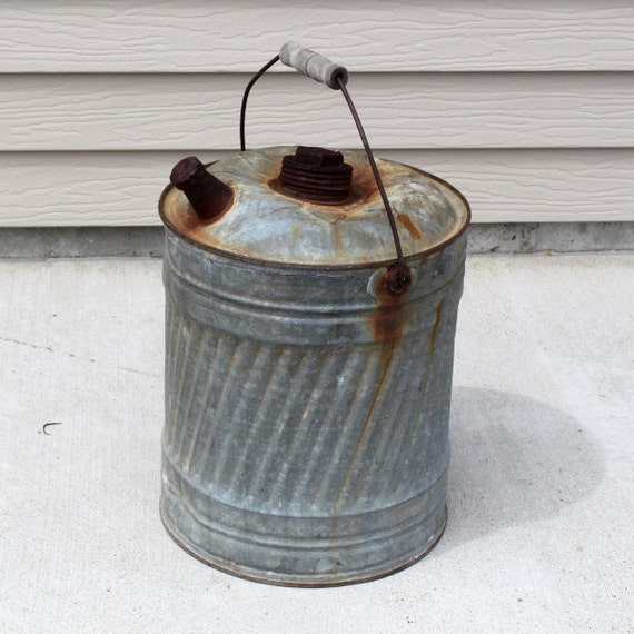 Items similar to Vintage Galvanized Gas Can, Spout and Wood Handle, 5
