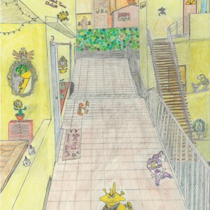 Può includere: Illustrazione disegnata a mano di una scena di strada con edifici e scale. Vari personaggi dei cartoni animati sono sparsi per la scena. Il testo "1121 Pallet Town Drive" è visibile su un edificio.