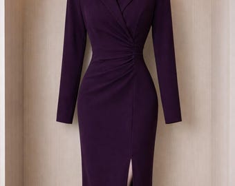 Vestido midi con cuello de traje vintage / Elegante manga larga, cintura alta