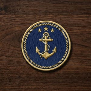 May include: A navy blue and gold embroidered patch featuring a gold anchor, three gold stars, and a rope border. The patch is circular and set against a dark wood grain background. The design is reminiscent of a nautical theme.