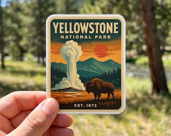 Yellowstone National Park Sticker, Vintage WPA Geyser Vinyl Decal, Retro Bison Travel Gift, Old Faithful Adventure Sticker
