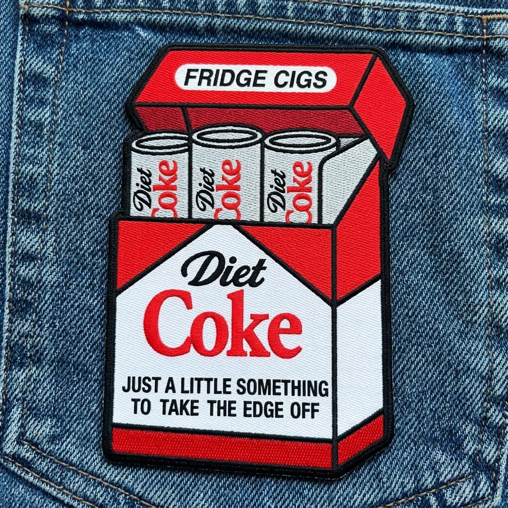 May include: A red, white, and black patch resembling a Diet Coke cigarette pack. The patch reads "FRIDGE CIGS" at the top and "Diet Coke" in large red letters. The text "JUST A LITTLE SOMETHING TO TAKE THE EDGE OFF" is also included.