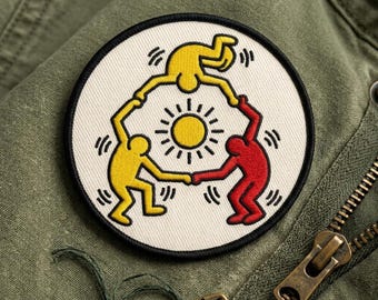 Dancing Figures Patch, Retro Pop Art Sun Round Iron on Patch, Funny Quirky Streetwear Embroidery, Unique Artist Gift