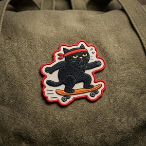 May include: Embroidered patch featuring a black cat skateboarding. The cat wears a red headband and rides an orange skateboard with black wheels. The patch has a red border and is set against a green fabric background.