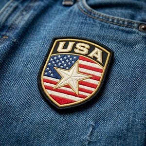 May include: Embroidered patch featuring the American flag design with the word "USA" at the top. The patch has a black border and is sewn onto a blue denim fabric.