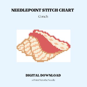 May include: A digital download featuring a pixelated conch shell needlepoint stitch chart. The conch shell is depicted in shades of beige and red, with the text "NEEDLEPOINT STITCH CHART" and "Conch" above the image. Below the image, the text "DIGITAL DOWNLOAD" is displayed.