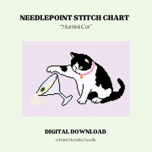 May include: A needlepoint stitch chart titled Martini Cat featuring a pixelated black and white cat wearing a pink collar with an orange charm, tipping over a martini glass with a green olive on a light purple background. Digital download.