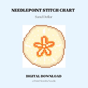 May include: A digital needlepoint stitch chart titled "Sand Dollar." The image features a pixelated sand dollar design in shades of cream, tan, and orange. The text "DIGITAL DOWNLOAD" and a website address are also included.
