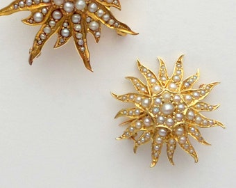 Antique Sunburst Pendant. 14k Gold & Pearls. Brooch. Sun Star Starburst.