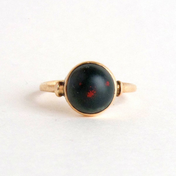 Art Deco Bloodstone Ring. 14K Gold. Half Sphere Stone.