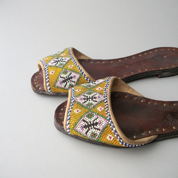 ONE DAY SALE / Baba Nyonya Manuk Kasot. Glass Beaded Asian Slippers. Leather Tooled with Winged Bugs.