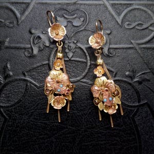 Antique Victorian 14k Gold Bug Earrings with Flowers.  Rose Gold and Yellow Gold.