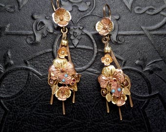 Antique Victorian 14k Gold Bug Earrings with Flowers.  Rose Gold and Yellow Gold.