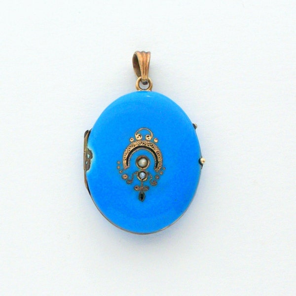 Antique Victorian Locket. French Blue Enamel and Seed Pearls.