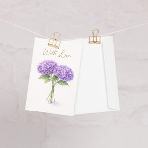 mit Liebe lila Hortensie Karte | Blumen Grußkarte | Lavendel Blumen Karte | Romantische Grußkarte | Innen leer | Geschenk für Sie