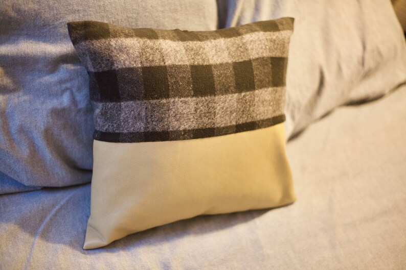 Farmhouse plaid and faux leather pillow cover, home decor image 2