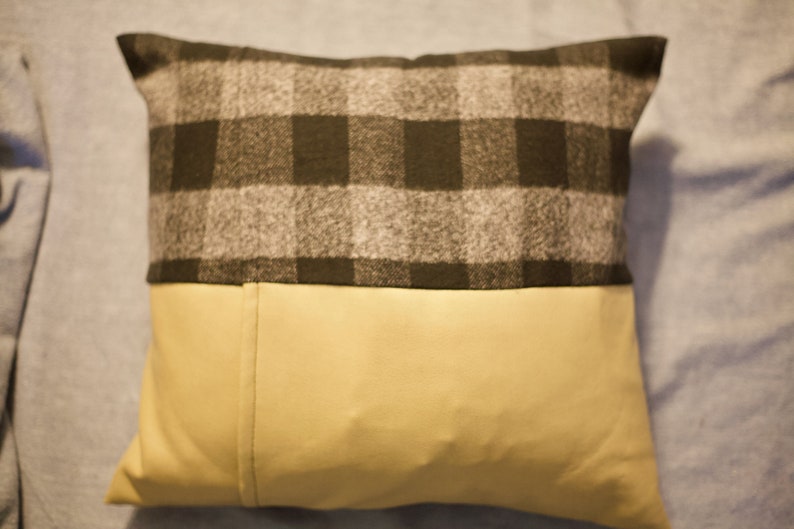 Farmhouse plaid and faux leather pillow cover, home decor image 5