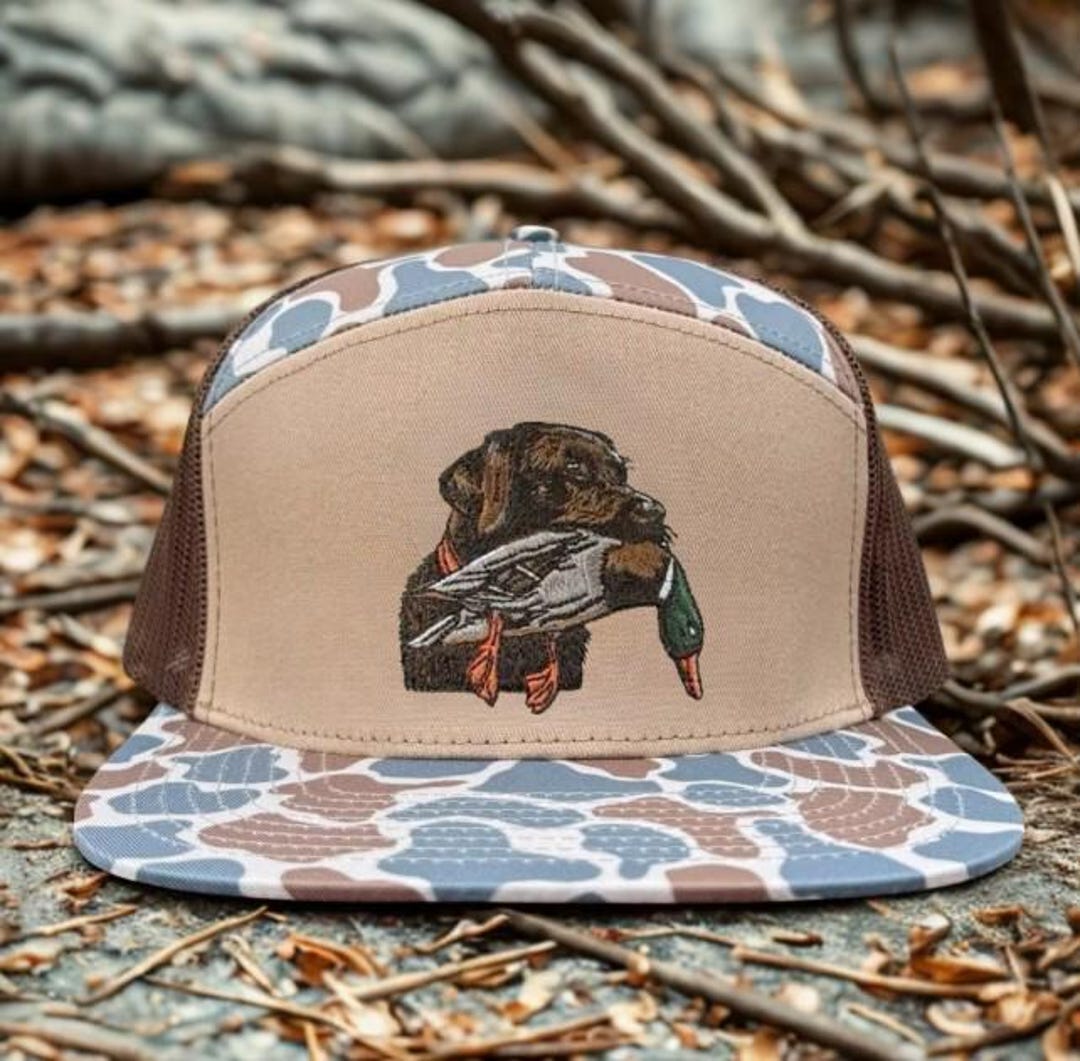 Duck Hunting Dog Trucker Hat, Bottomland Camo Snapback Cap With ...