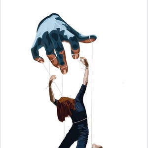 Puede incluir: Ilustración de una mano controlando a una persona con cuerdas, con el texto "INGANNO O AMORE? la triste verità sull'uomo narcisista". La mano es azul y la persona viste ropa oscura.
