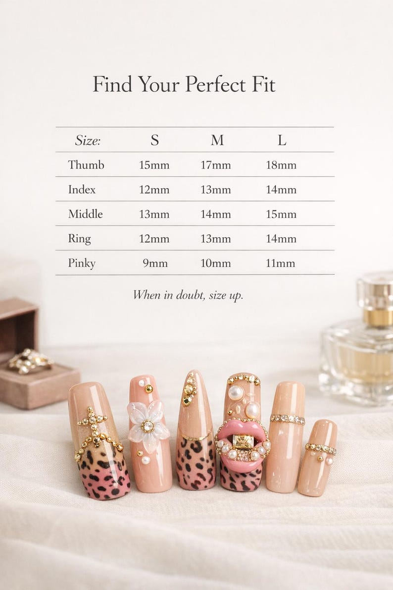 May include: A sizing chart titled Find Your Perfect Fit with measurements in millimeters for thumb, index, middle, ring, and pinky fingers in sizes S, M, and L. Below, six beige press-on nails feature leopard print, pearls, gold studs, and a pink lip.