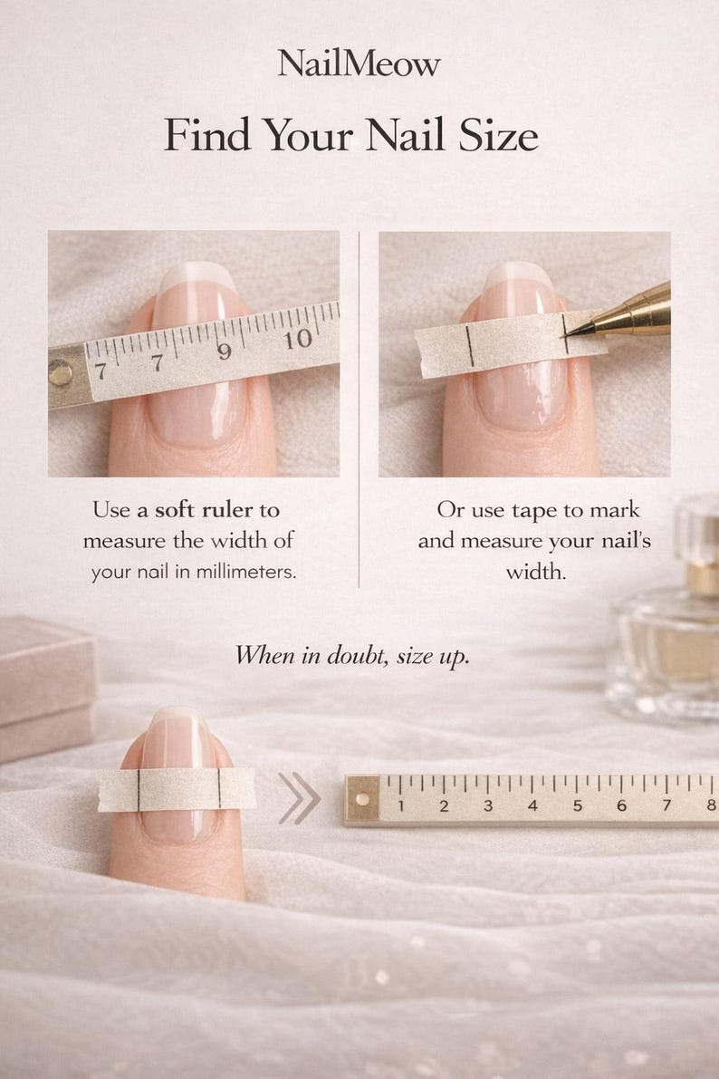 May include: An instructional graphic titled NailMeow Find Your Nail Size. It demonstrates measuring a fingernail width using a soft ruler or tape with markings. Text includes: Use a soft ruler to measure the width of your nail in millimeters. Or use tape to mark and measure your nail's width. When in doubt, size up.