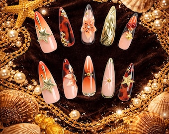 Corin | Golden Siren- 3D Press On Nails, Handcrafted Luxury Statement Nail Set