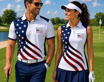 USA Flag Golf Polo Shirt Set, Patriotic Matching Golf Shirts for Couples, Men Women Polo, American Flag Golf Apparel,4th of July Golf Outfit