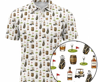 Polo de golf et bourbon, polo de golf amusant pour homme et femme, chemise de golf whisky imprimée sur l'ensemble, cadeau pour amateur de golf, vêtements de golf en polyester v2