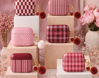Personalized Pink & Burgundy Plaid/Gingham/Stripe/Polka Dot Pattern Airpods Cases, For Airpod Gen 1 2 3 4 Cover, Shockproof Accessories Gift