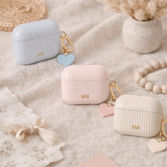 Striped Initial AirPods Pro Case, Pastel Gold/ Light Pink/ BLue Personalized Case Cover, For Airpods Gen  1 2 3 4 Protective Accessories