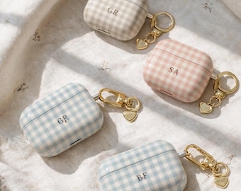 Boho Gingham Personalized Monogram Airpod cases Initials Letter Custom Protecitve Accessories Cover For Airpods Gen 1 2 3 4 Pro, No Keychain