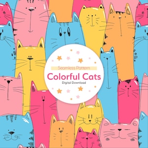 Puede incluir: Patrón repetitivo de gatos de dibujos animados coloridos, rosas, amarillos, azules y naranjas. La imagen incluye el texto "Seamless Pattern Colorful Cats Digital Download" en un diseño circular.