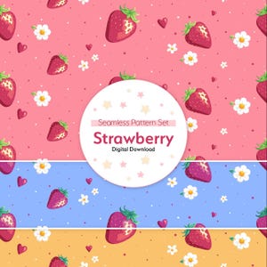 Puede incluir: Un conjunto de patrones sin costuras con fresas, flores blancas y corazones sobre fondos rosas, azules y amarillos. El texto "Strawberry" y "Digital Download" se muestra en un círculo blanco.