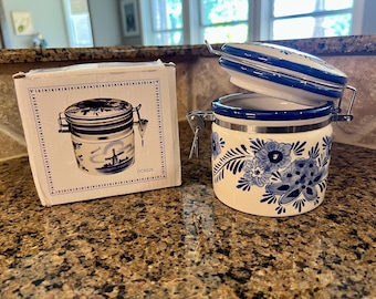 Vintage Delft Blue Canister with Clamp Lid & Original Box | Handpainted Holland Ceramic Jar | Dutch Farmhouse Kitchen Decor