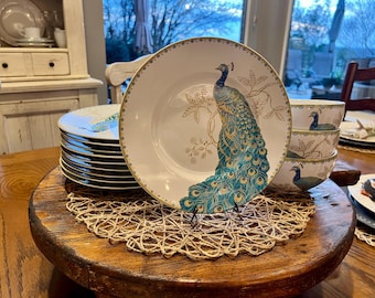 222 Fifth Peacock Garden Porcelain Salad Plate or Cereal Bowl