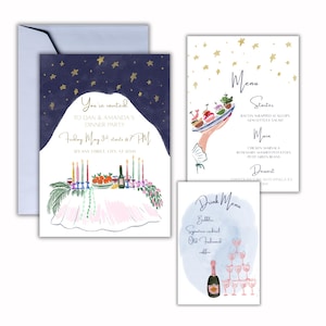 May include: A set of watercolor dinner party stationery. The invitation features text on a navy blue background with gold stars. The menu and drink menu are also included, with a champagne bottle and stacked glasses.