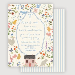 May include: A housewarming party invitation with a floral design. The invitation features a cream background with colorful flowers, birds, and insects. The text reads "Olivia & Matt have a new home sweet home, join us for a house warming party."