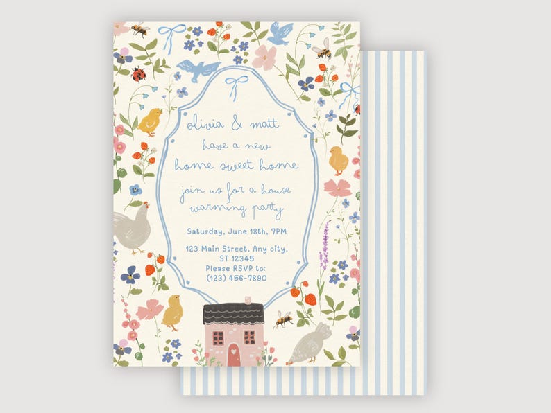 May include: A housewarming party invitation with a floral design. The invitation features a cream background with colorful flowers, birds, and insects. The text reads "Olivia & Matt have a new home sweet home, join us for a house warming party."