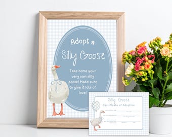 Adopt a Silly Goose Certificate, One Silly Goose Favors, Stuffed Animal Adoption Certificate, Adopt an Animal Certificate, Goose Party Favor