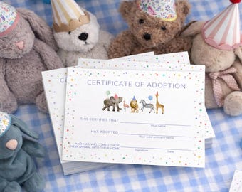 Adopt a Party Animal Certificate, Stuffed Animal Adoption Birthday, Adopt a Zoo Animal Party Favor, Stuffed Animal Adoption Certificate