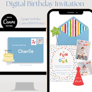 May include: Digital birthday invitation displayed on a computer monitor and a smartphone. The invitation features a cake, envelope, and photos. Text includes "Digital Birthday Invitation", "Edit in Canva for Free", and "It's Fun to be One".