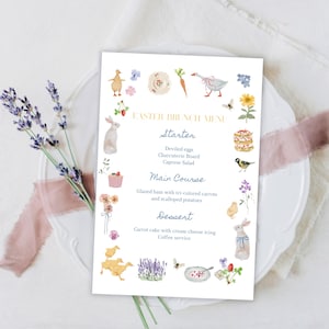 Peut inclure: Menu de brunch de Pâques avec des illustrations à l'aquarelle de lapins, de poussins, de fleurs et d'aliments. Le menu comprend des entrées, des plats principaux et des desserts. Le menu est sur une assiette blanche avec de la lavande et un ruban rose.