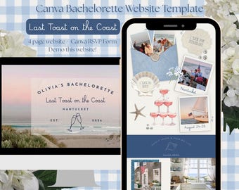 May include: A digital Canva bachelorette website template titled Last Toast on the Coast. The display shows a desktop monitor and a smartphone screen featuring coastal imagery, photo collages, RSVP forms, and itinerary links with a blue and white theme.