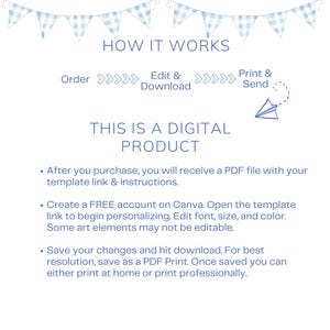 May include: A digital product guide with text that reads "HOW IT WORKS" and "THIS IS A DIGITAL PRODUCT." Instructions include ordering, editing, downloading, and printing. The design features blue and white checkered bunting.
