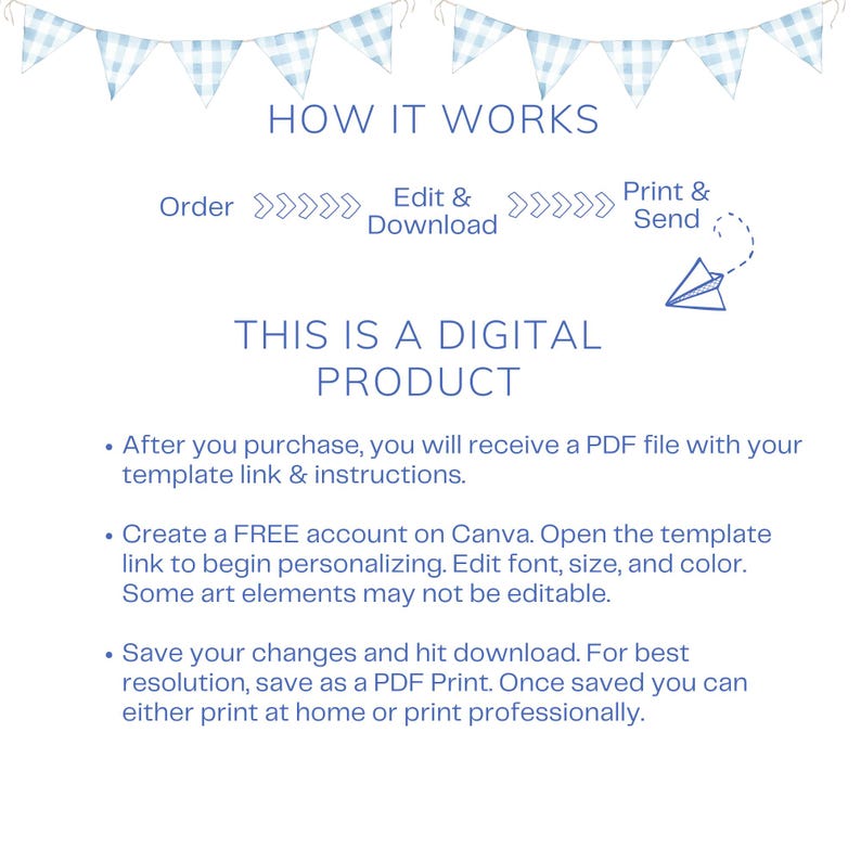May include: A digital product guide with text that reads "HOW IT WORKS" and "THIS IS A DIGITAL PRODUCT." Instructions include ordering, editing, downloading, and printing. The design features blue and white checkered bunting.