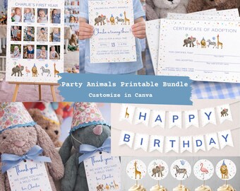 May include: A collection of party animal-themed printable decorations. Includes a sign with photos, invitations, adoption certificates, a banner that says "Happy Birthday", cupcake toppers, and thank you tags. The text says "Charlie's First Year" and "Charlie is turning three!"
