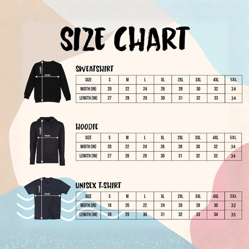 May include: A size chart for sweatshirts, hoodies, and unisex t-shirts. The chart displays measurements in inches for width and length, ranging from size small to 5XL. The image includes illustrations of each garment type.
