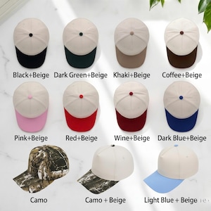 May include: A collection of baseball caps in various colors, including black, dark green, khaki, coffee, pink, red, wine, and dark blue. Each cap has a beige crown and a colored brim. Also shown are camo and light blue brim options.