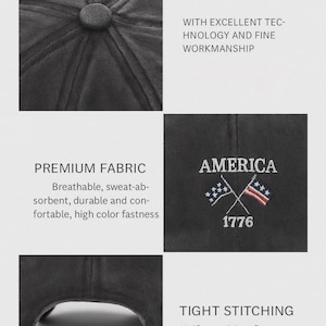May include: A dark gray baseball cap with the word "AMERICA" embroidered on the front, along with crossed flags and the year "1776". The cap features tight stitching and is made of premium fabric.