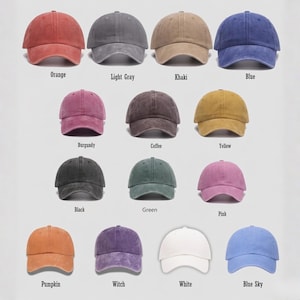 May include: A collection of baseball caps in various colors, including orange, light gray, khaki, and blue. Each cap has a curved brim and a rounded crown. The image also shows caps in burgundy, coffee, yellow, black, green, pink, pumpkin, witch, white, and blue sky.
